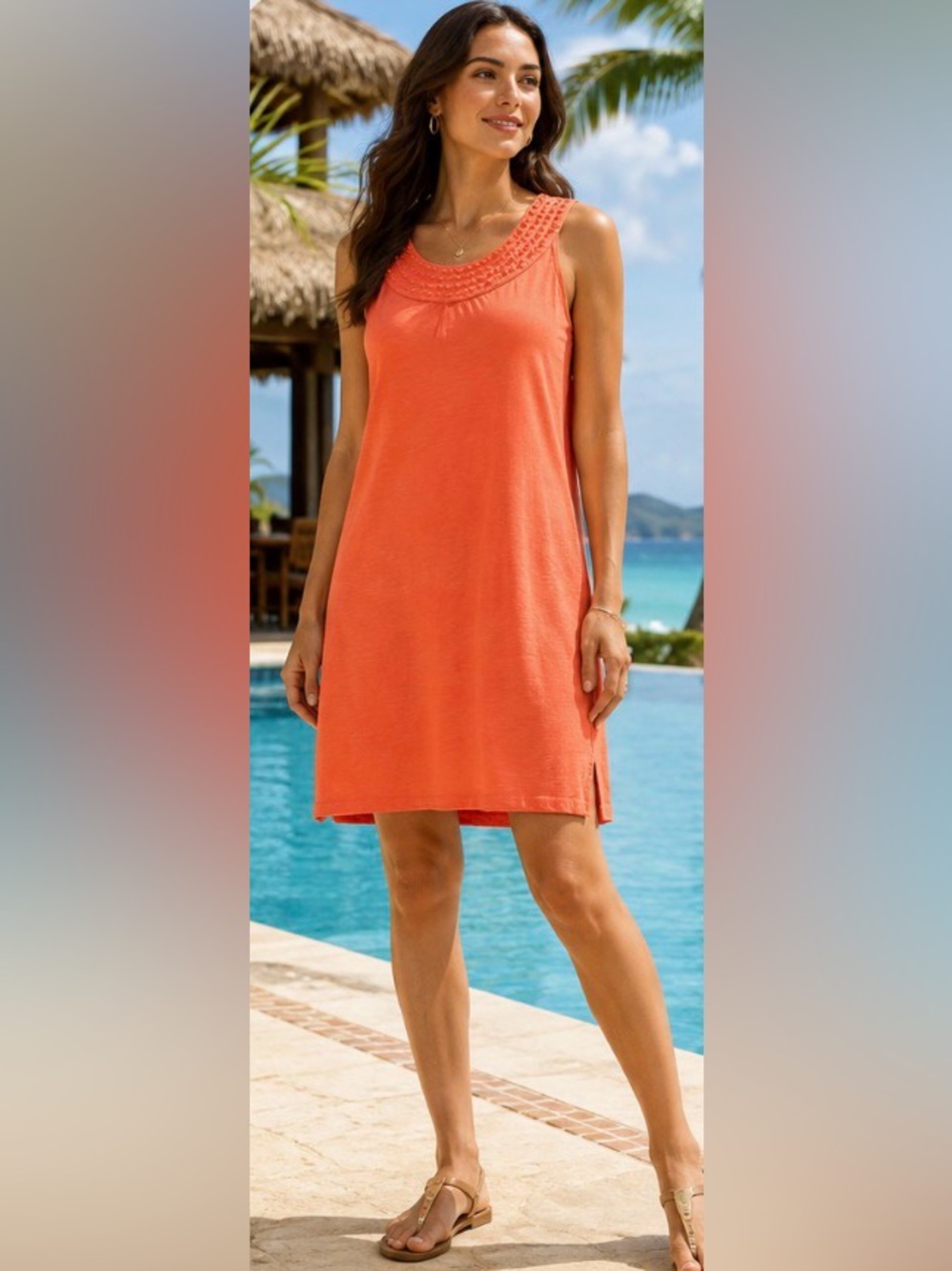 Tommy Bahama Tangerine Sleeveless Dress XS Cotton Modal Shift Dress Embroidered